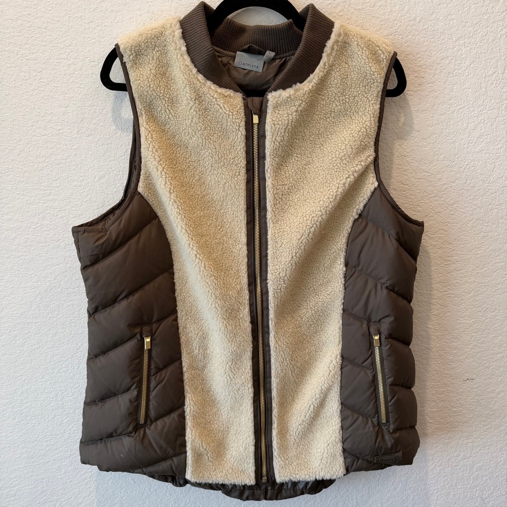 Athleta Womens Brown Quilted Puffer Sherpa Fleece Hybrid Vest XL Full Zip